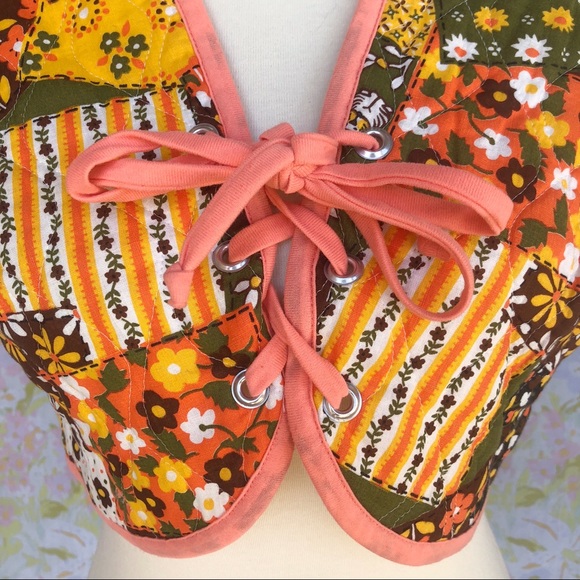 SOLD True Vintage 70s Lace Up Hippie Quilted Vest - Picture 5 of 8